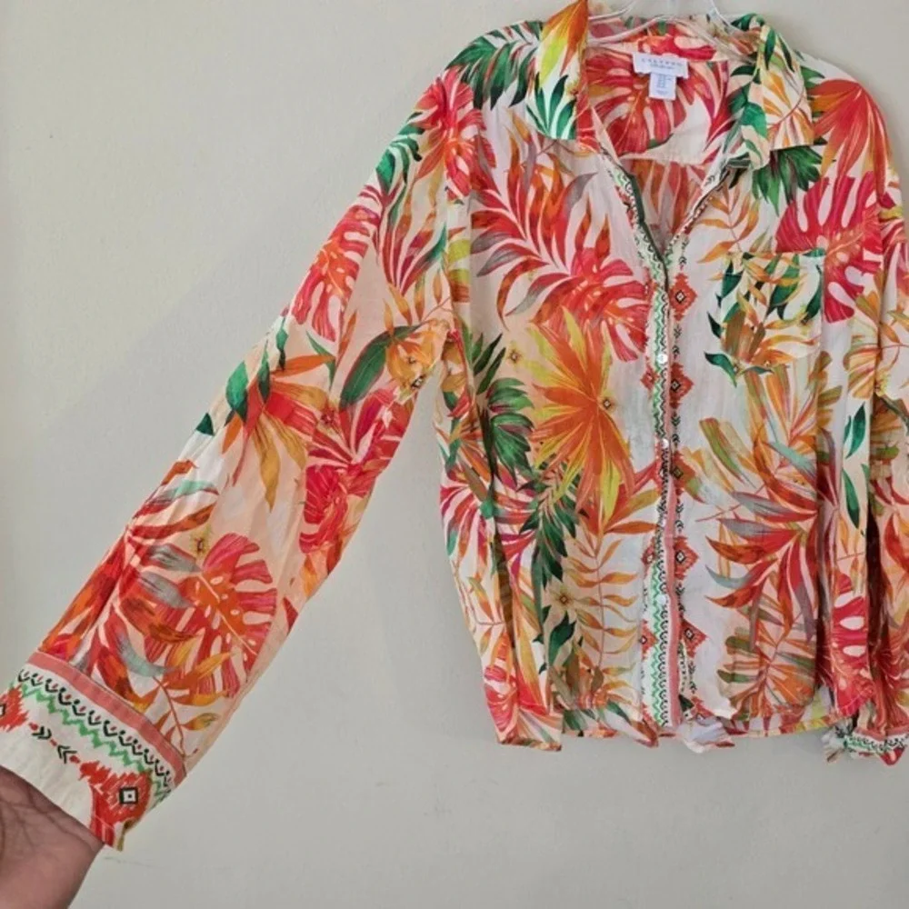 Calypso St Barth Tropical Leaf Print Embroidered Button Down Shirt XL Orange Red